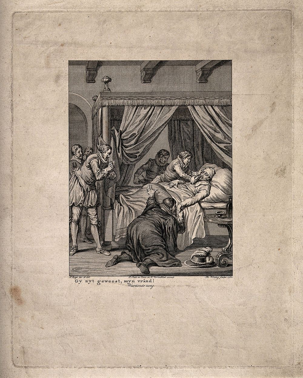 William of Orange on his sickbed in Rotterdam in August 1574. Line engraving by T. Koning, 1782, after J. Buys.