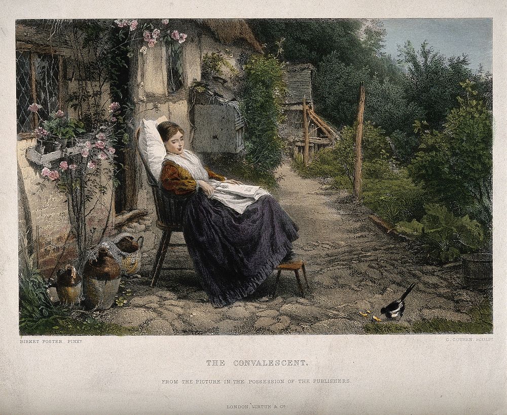A young woman convalescing in a country garden watches a bird feed on bread. Coloured line engraving by C. Cousen after M.B.…