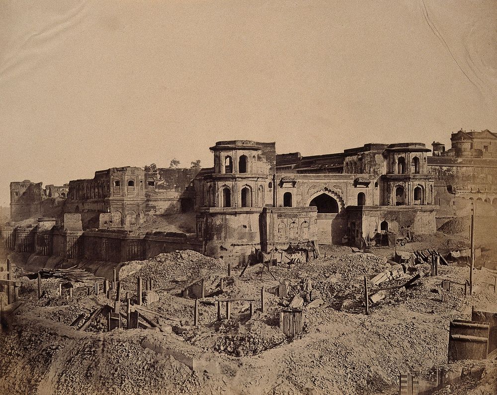 Lucknow, India: the Lucknow Residency in ruins: the Muchee Bawun and the Lucknow citadel. Photograph by Felice Beato, ca.…