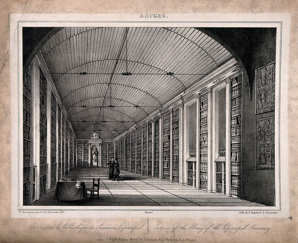 Episcopal Seminary, Bruges: the interior of the library. Lithograph by H. Borremans after himself, 1837.