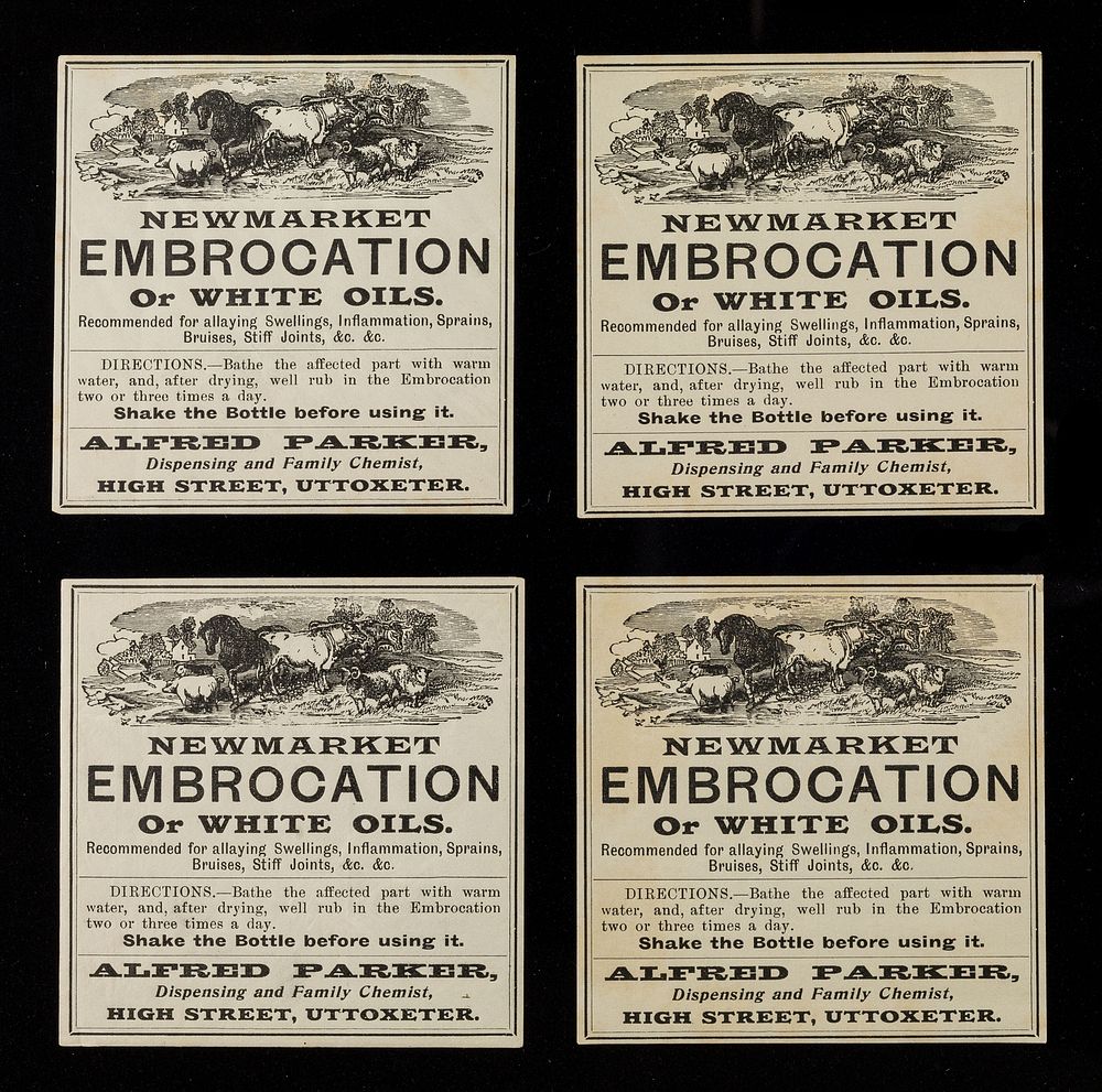 Newmarket embrocation, or White oils : recommended for allaying swellings, inflammation, sprains, bruises, stiff joints…