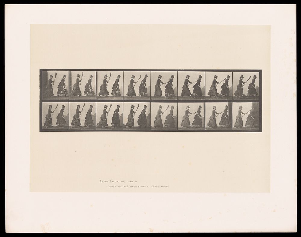 Two clothed women walking: one hits the other twice with a broom. Collotype after Eadweard Muybridge, 1887.