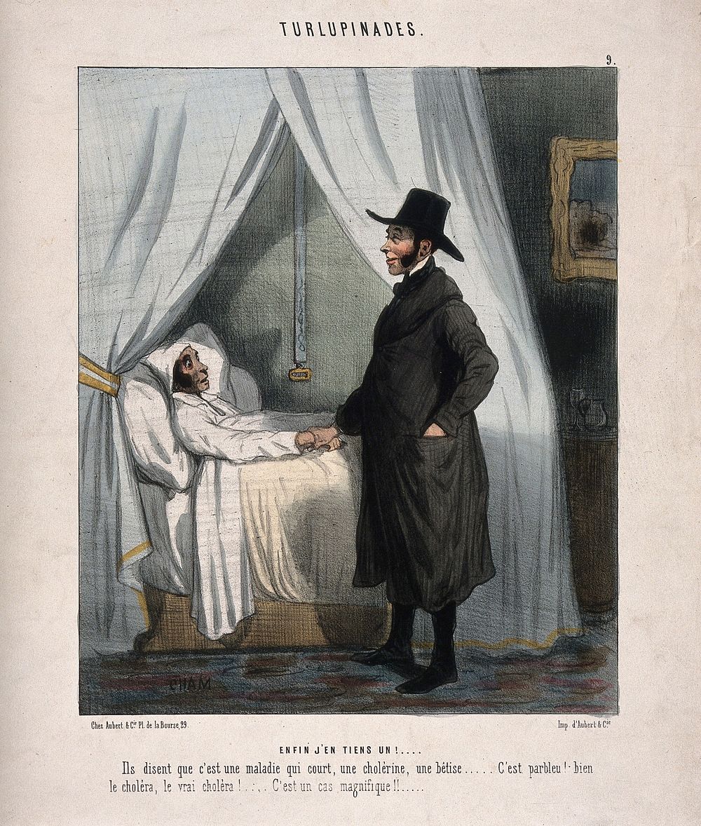 A doctor is delighted at confronting a full-blown case of cholera. Coloured lithograph by Cham, c. 1845.