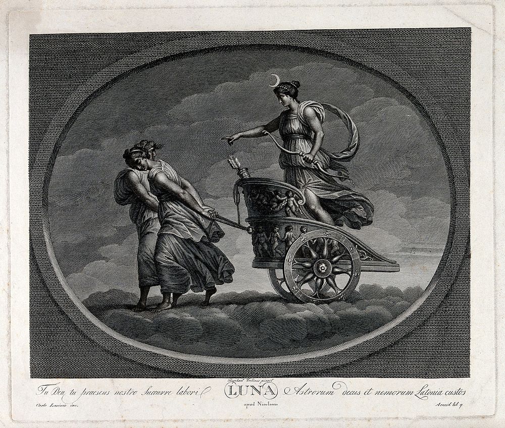 Astronomy: the moon goddess (Diana), in her chariot drawn by a pair of women. Engraving by C. Lasinio, 1695, after Raphael…