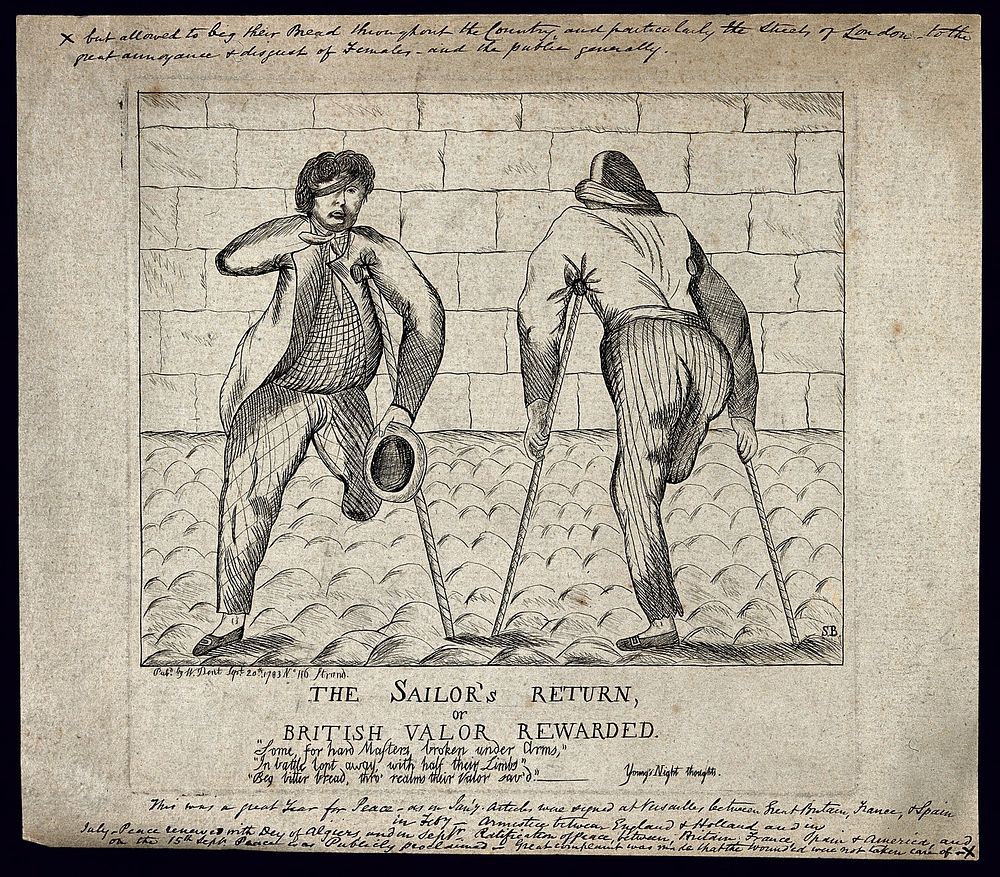 Two sailors with amputated legs, an eyepatch and an amputated arm moving with the aid of crutches. Etching by S.B., 1783.