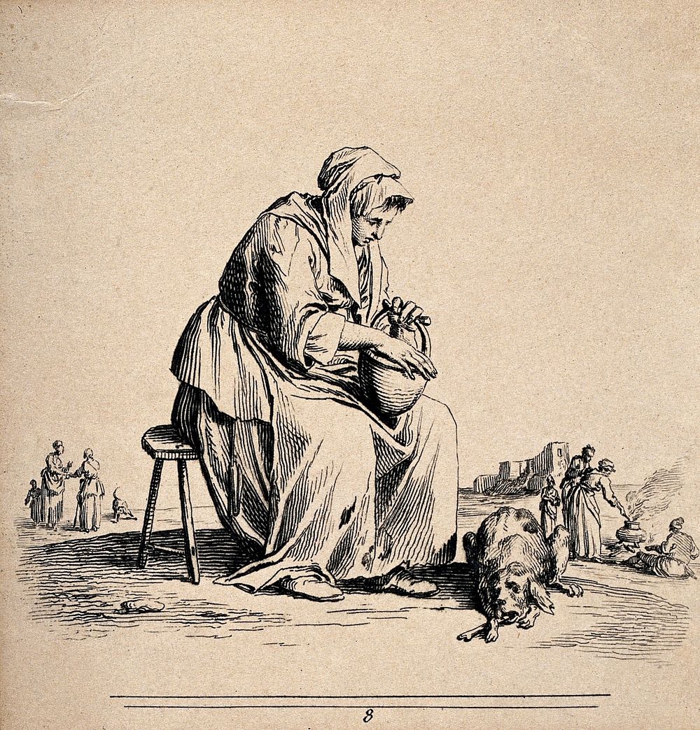 A woman is sitting on a stool with a basket on her lap and a dog at her feet. Etching by Jean Duplessi-Bertaux.