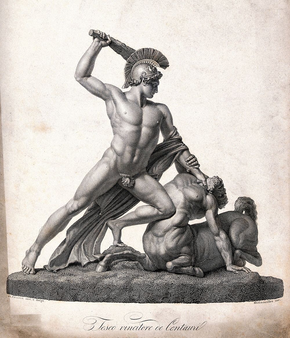 Theseus fighting a centaur. Engraving by Steinmiller after A. Canova.