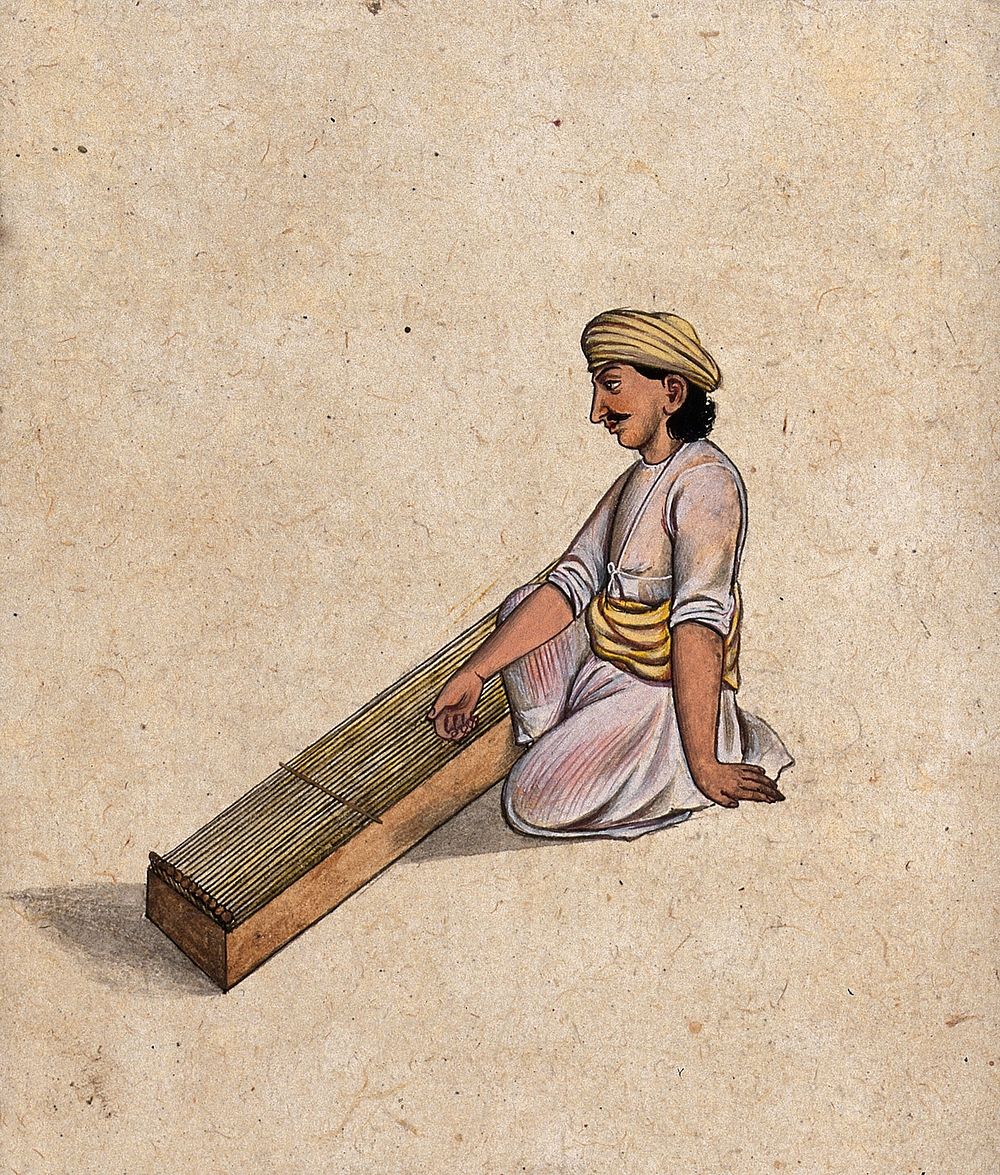 An Indian musician playing a string instrument. Gouache painting by an Indian artist.