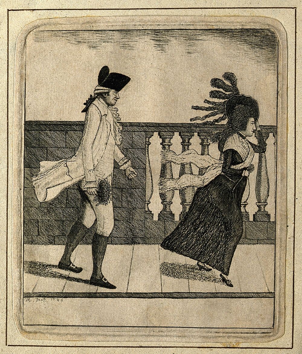 James Graham: addressing a lady walking on the High Bridge, Edinburgh. Etching by J. Kay, 1785.