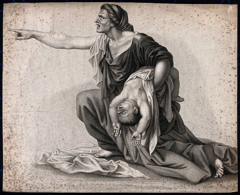 One of the women whose child has died and whom Solomon will judge. Stipple engraving after N. Poussin.