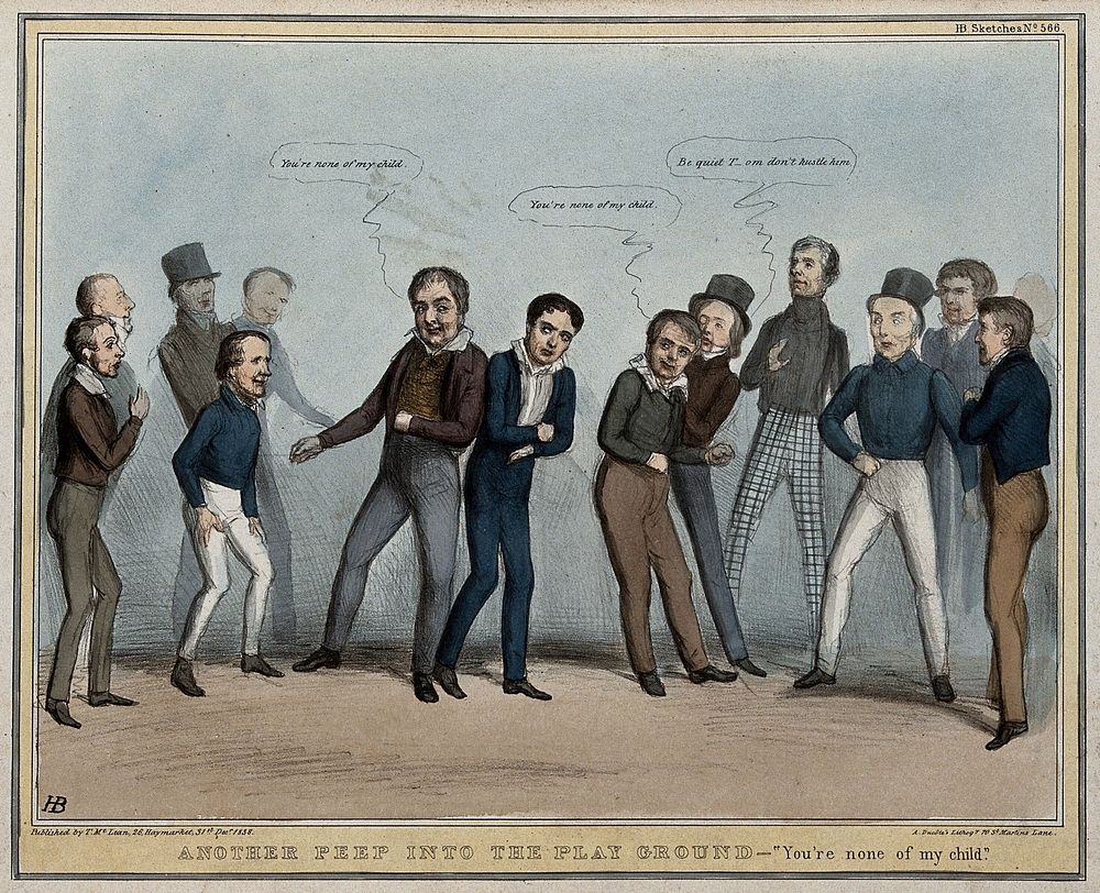 Lord Durham, surrounded by schoolboy politicians, is victimised in a game and jostled by Lord Melbourne. Coloured lithograph…