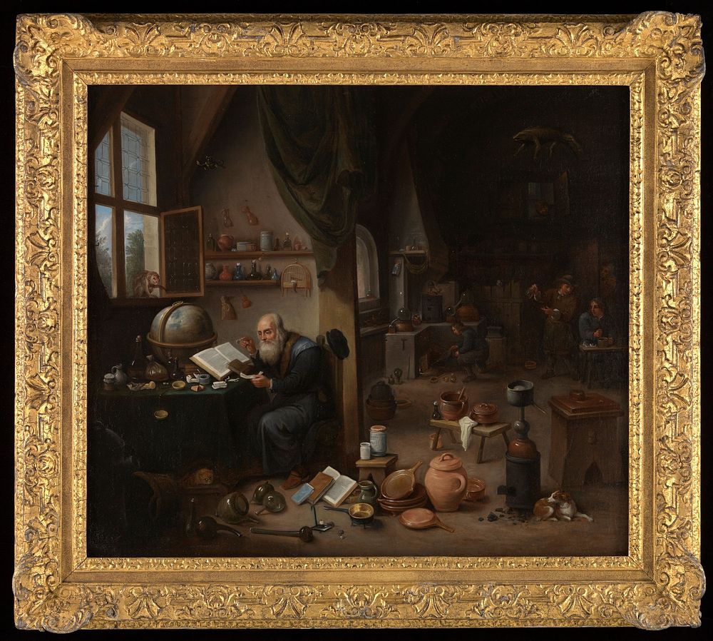 An alchemist in his laboratory. Oil painting by a follower of David Teniers the younger.