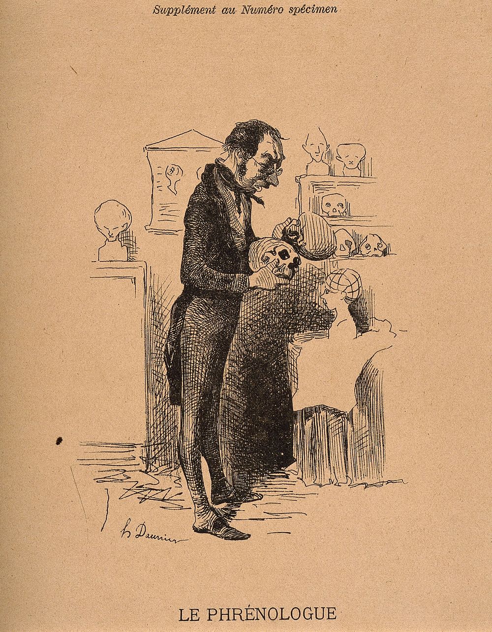 A phrenologist examines two skulls from his collection. Reproduction of an etching by H. Daumier.