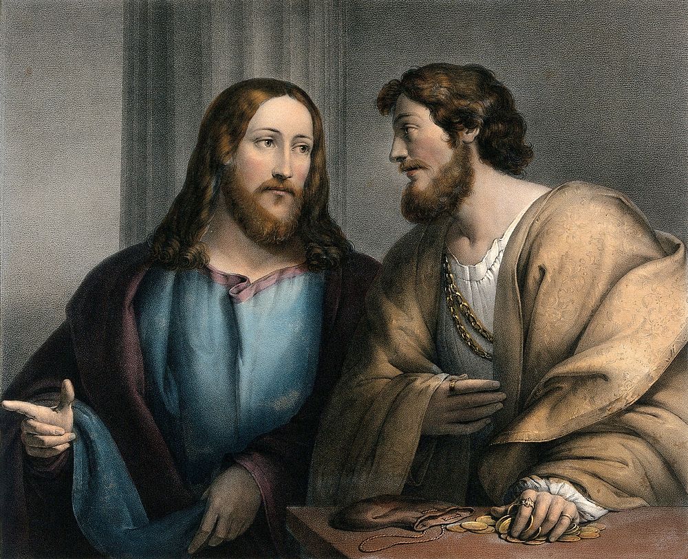 Jesus calls Matthew away from his vocation as a tax collector. Coloured lithograph by F. Hanfstaengl after S. Wiedenbauer…