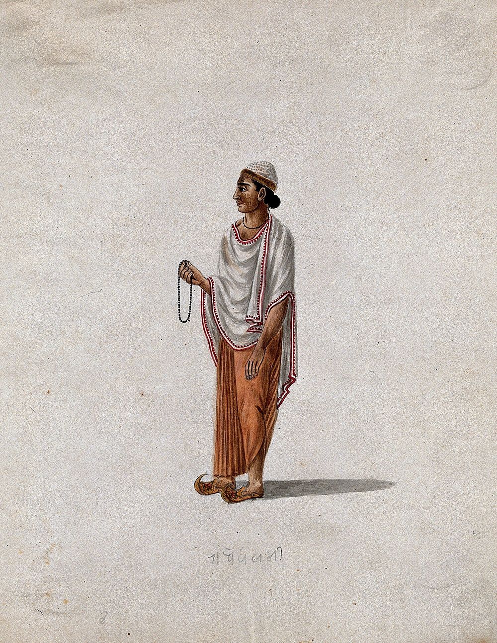 A Muslim priest holding prayer beads. Gouache painting by an Indian artist.