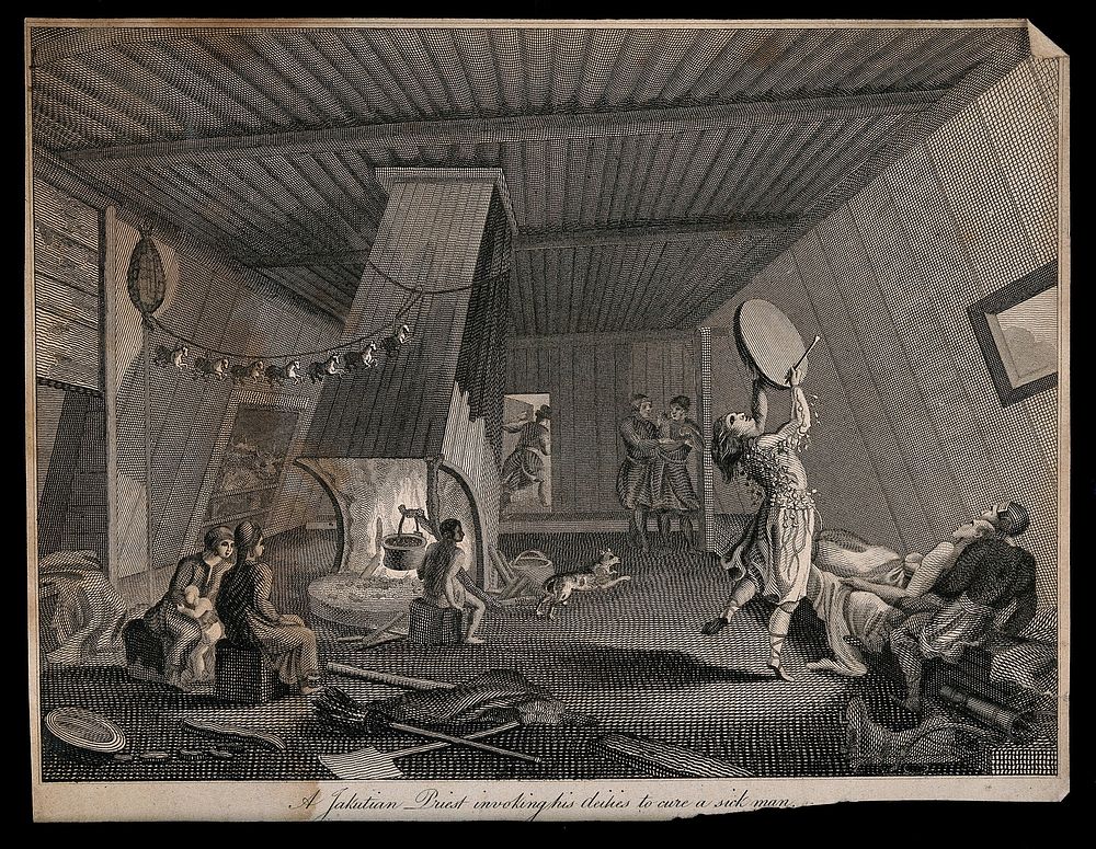 A shaman banging a drum and dancing invoke spirits to cure a sick man. Engraving by S. Davenport.