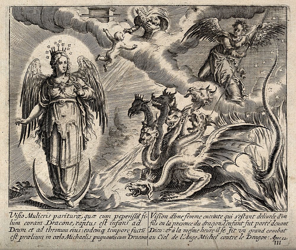 The woman clothed with the sun is attacked by a seven-headed dragon; her child is ejected up to God: representing the 12th…