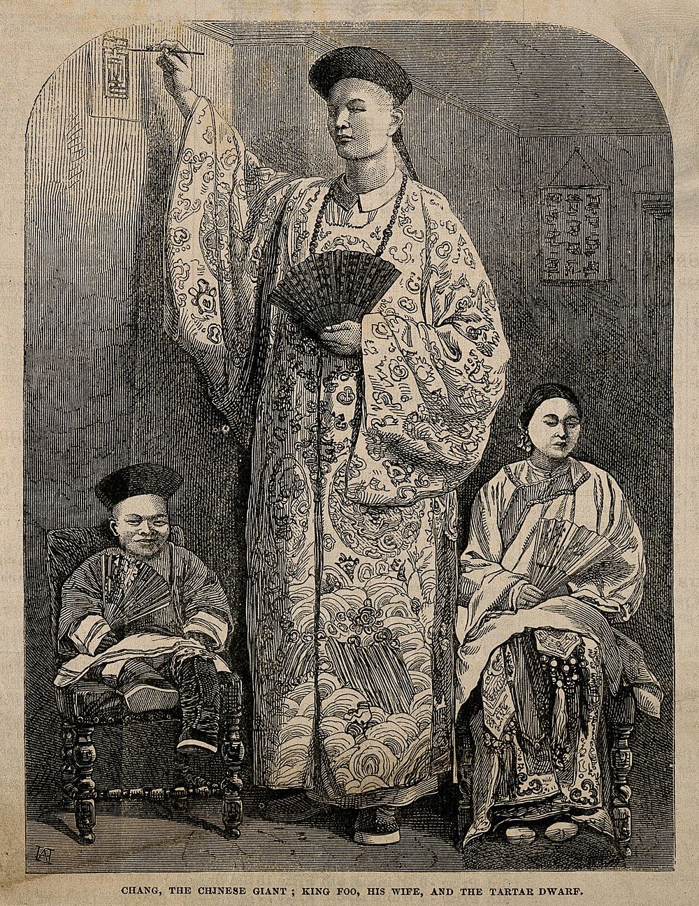 Chang Yu-sing the Chinese giant, with his wife King-Foo,and Chung Mow, a dwarf. Wood engraving.