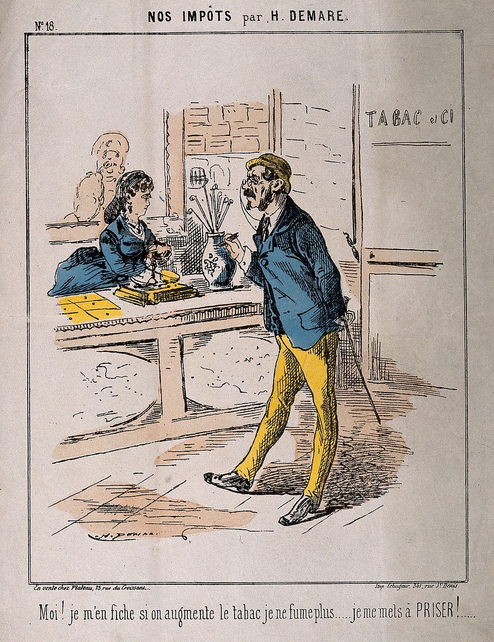 A Frenchman in a tobacconist's declares he will take snuff to defy the increasing tax on tobacco. Coloured lithograph after…