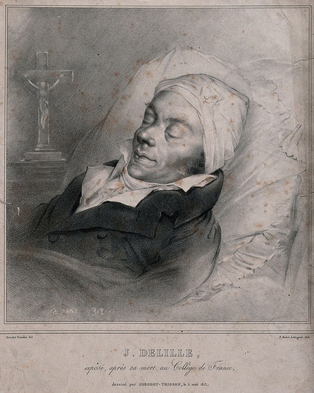 Jacques Delille lying in state in the Collège de France in Paris. Lithograph by Jean Pierre Sudré, 1825, after a drawing by…