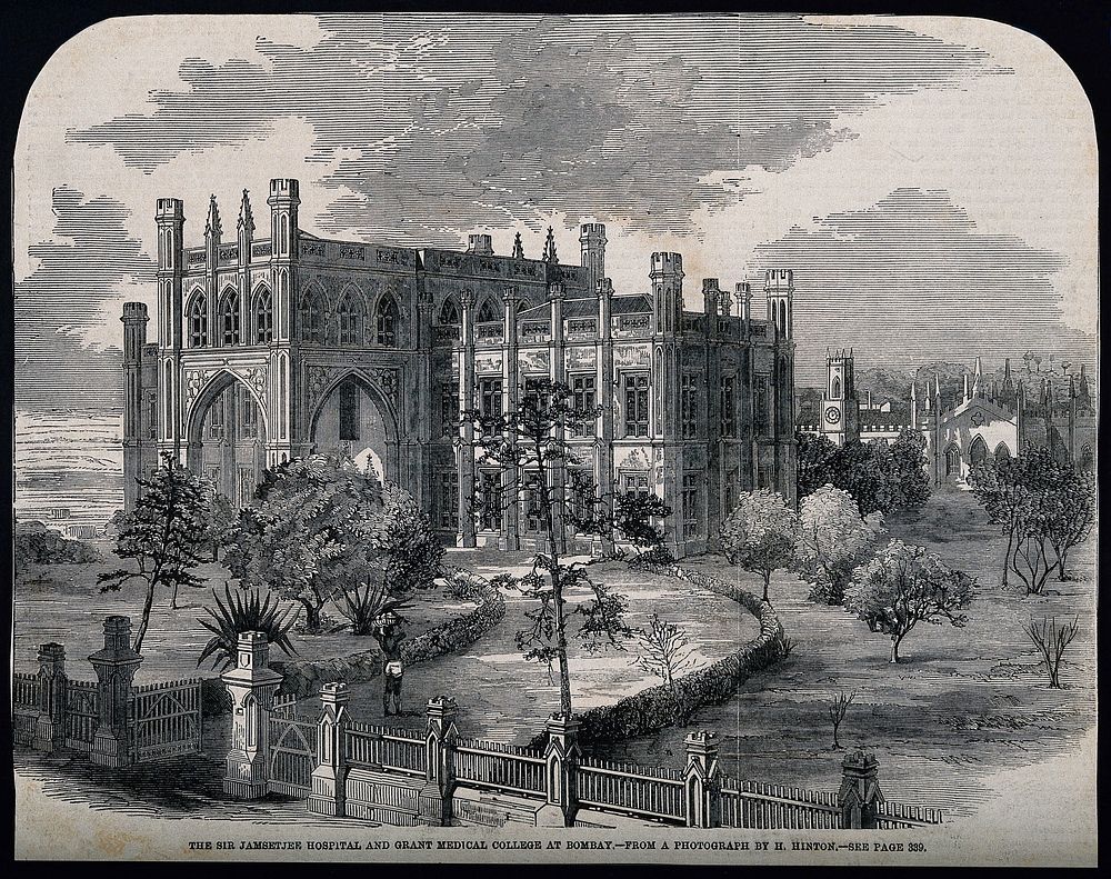 The Sir Jamsetjee hospital, Grant medical college, and surrounding grounds, Bombay. Wood engraving after H. Hinton.