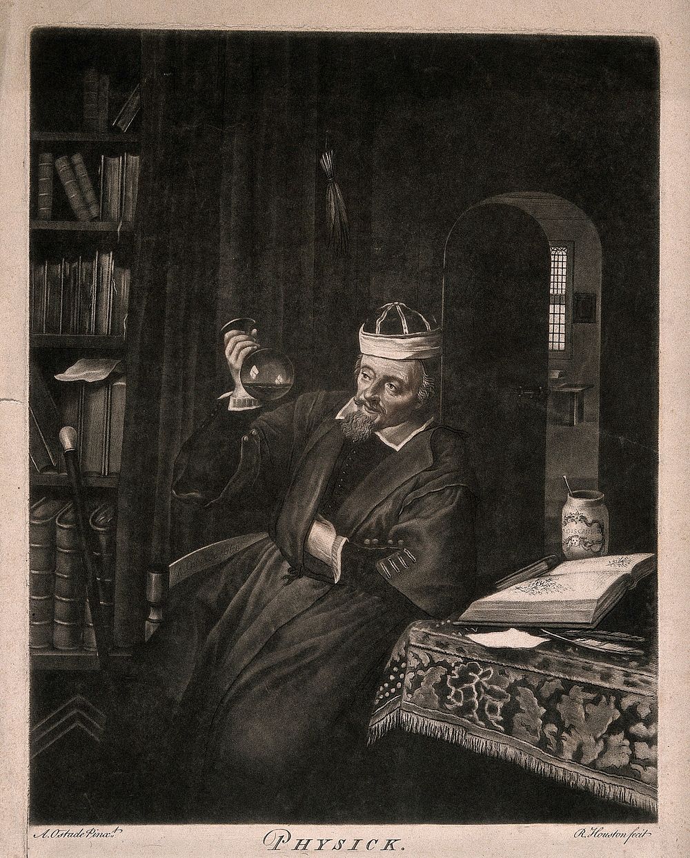 A physician examining urine. Mezzotint by R. Houston after A. van Ostade.