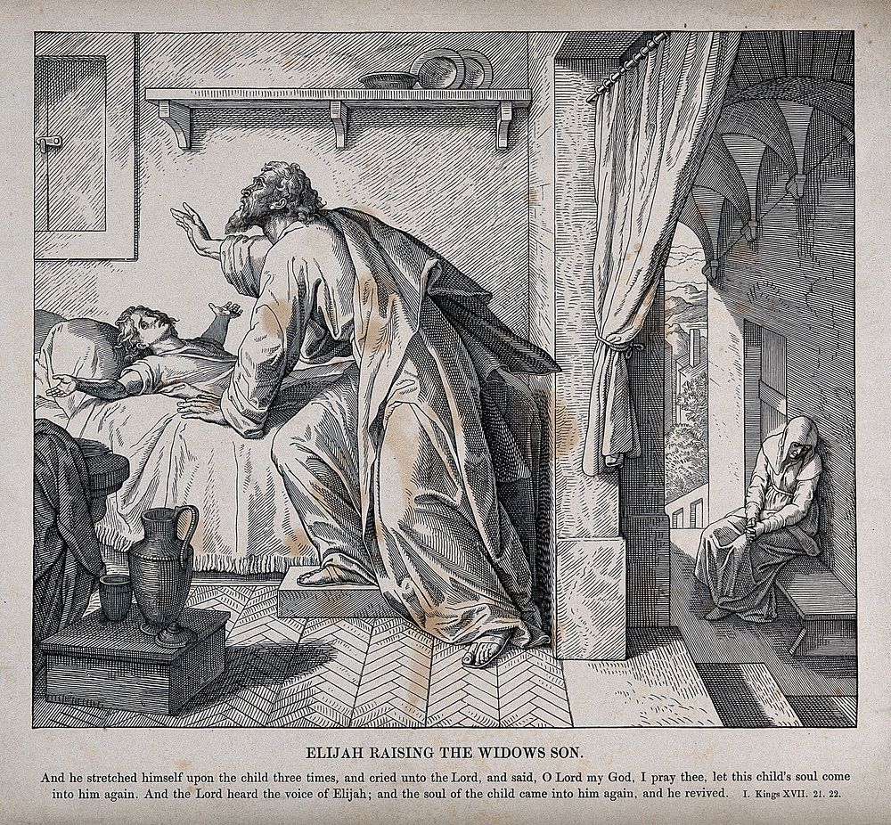 The widow's son ecstatically returns to life in response to Elijah's prayer. Wood engraving.