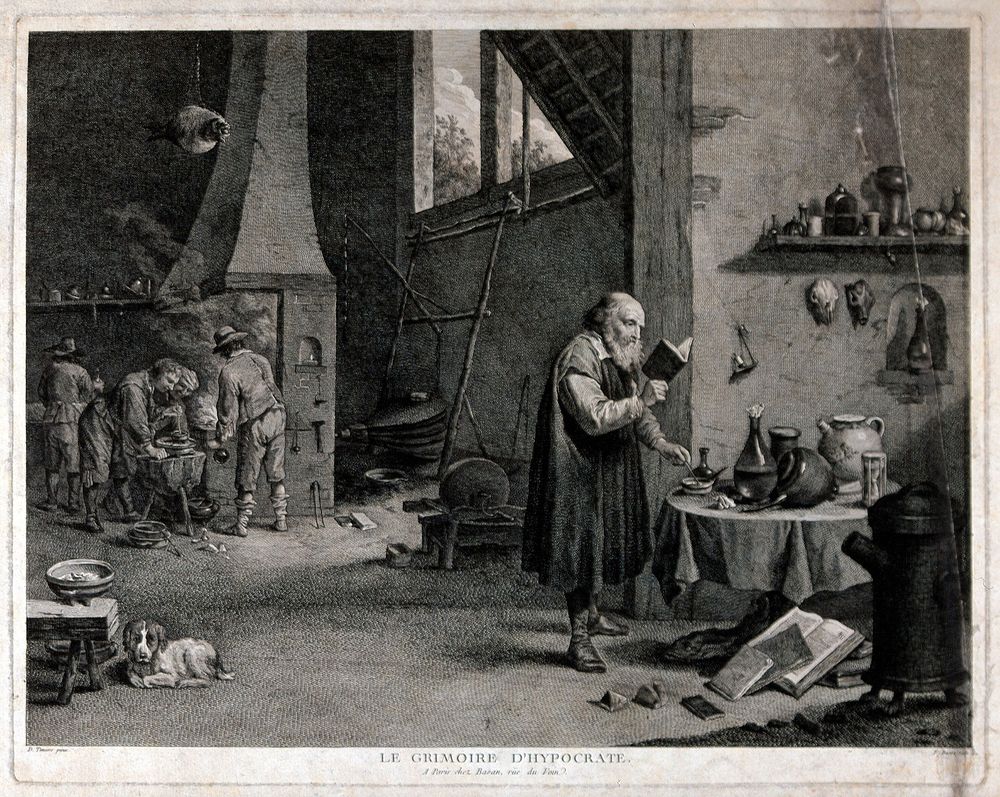 An alchemist reading a book; his assistants stirring the crucible on the other side of the room. Engraving by P.F. Basan…
