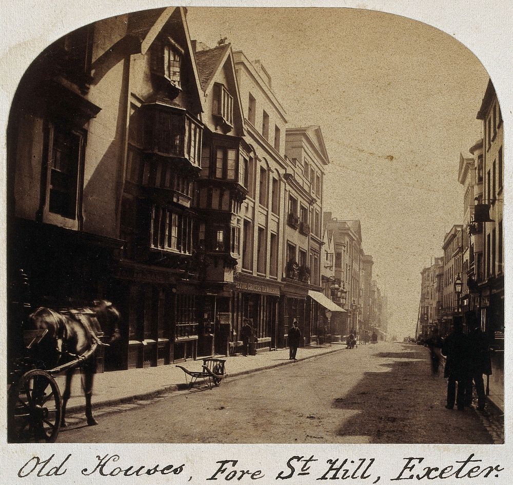 Old houses, Fore St Hill, Exeter. Photograph.