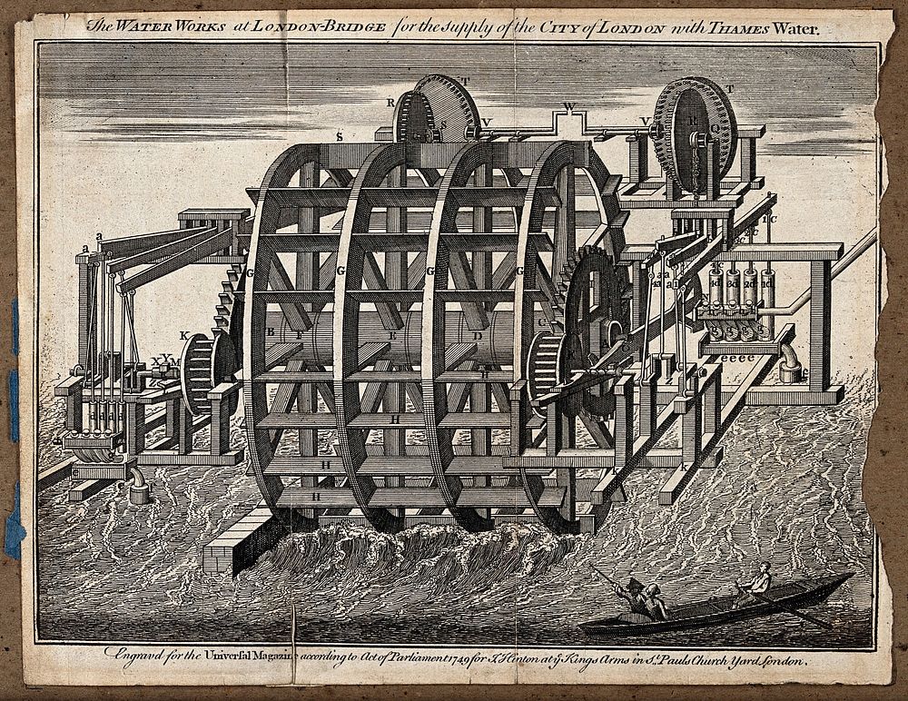 Water-wheel at London Bridge for supplying water from the Thames to the City of London. Engraving, 1749.