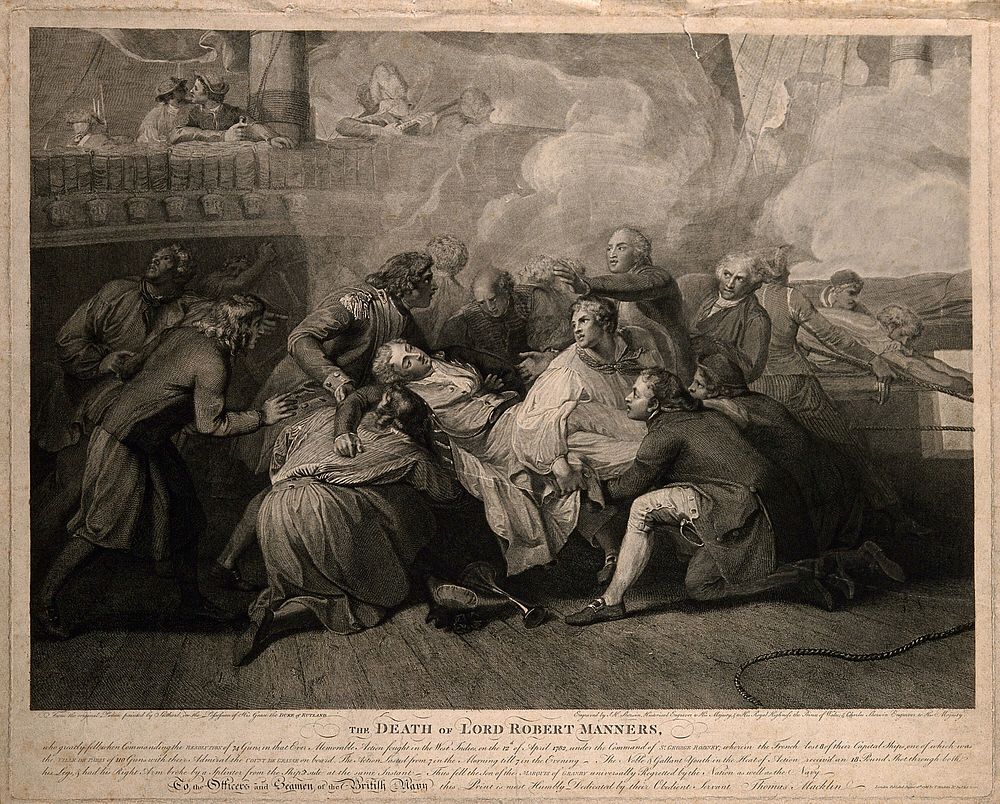 The wounding of Lord Robert Manners on the Resolution, at the battle of Dominica. Engraving by J.K. Sherwin and C. Sherwin…