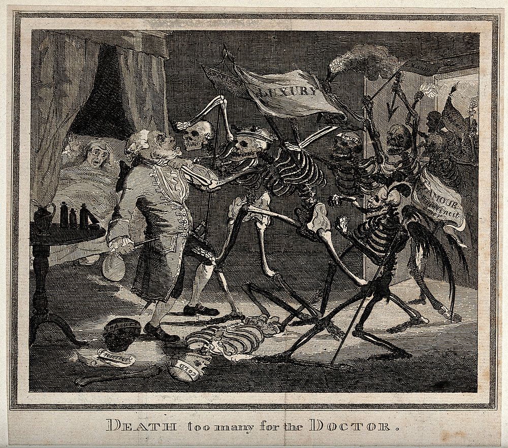 A doctor failing to hold death at bay from his patient; represented by a group of skeletal death figures one of whom is…