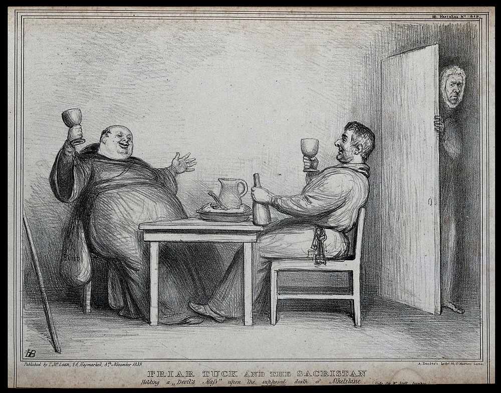 Daniel O'Connell as a fat friar in merry company with Lord Melbourne the sacristan, as Lord Brougham sneaks a look from…