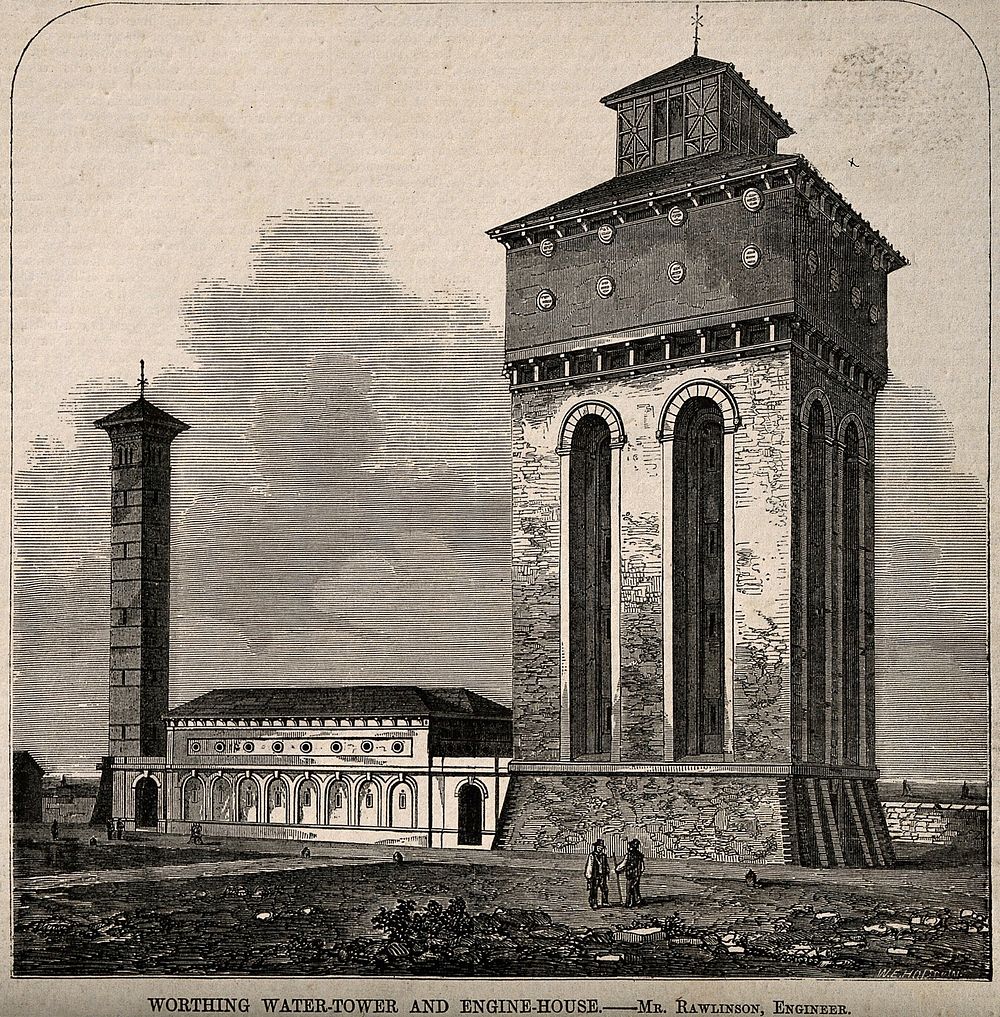 Water-tower and engine-house, Worthing, Sussex. Wood engraving by W.E. Hodgkin after Rawlinson.