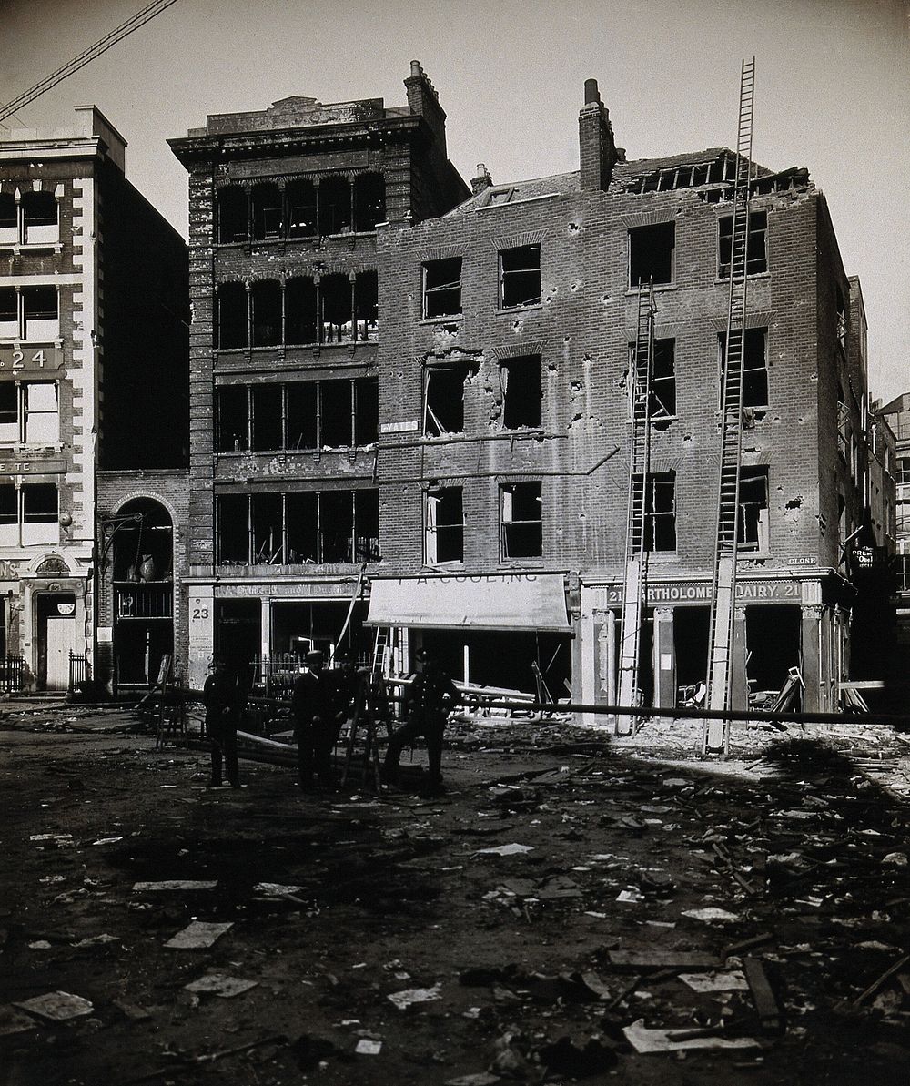 The church of St. Bartholomew the Great and the surrounding area, Bartholomew Close after the Zeppelin air raid on 8…