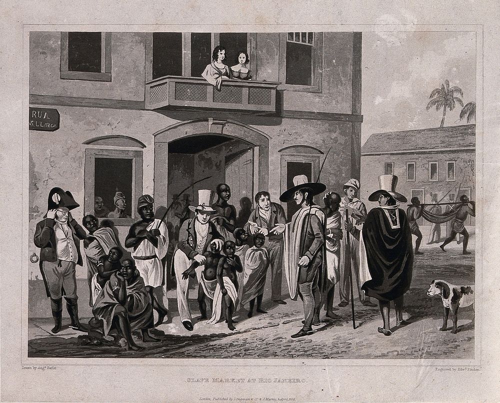 Rio de Janeiro: young children are being sold as slaves to men in cloaks and wide hats. Aquatint by Edward Finden, 1824…