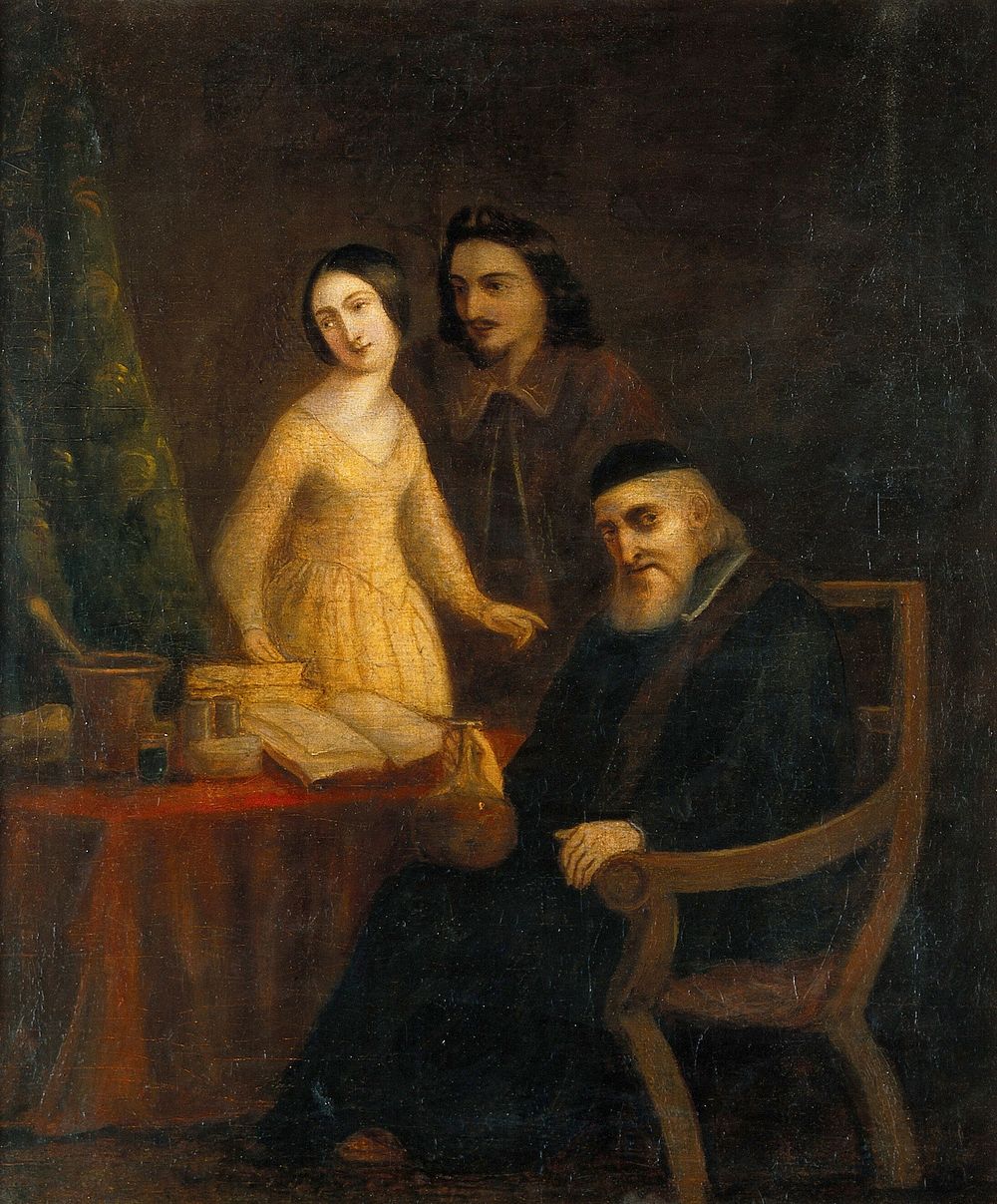 A physician holding a urine flask in the presence of a young woman and man. Oil painting, 18--.