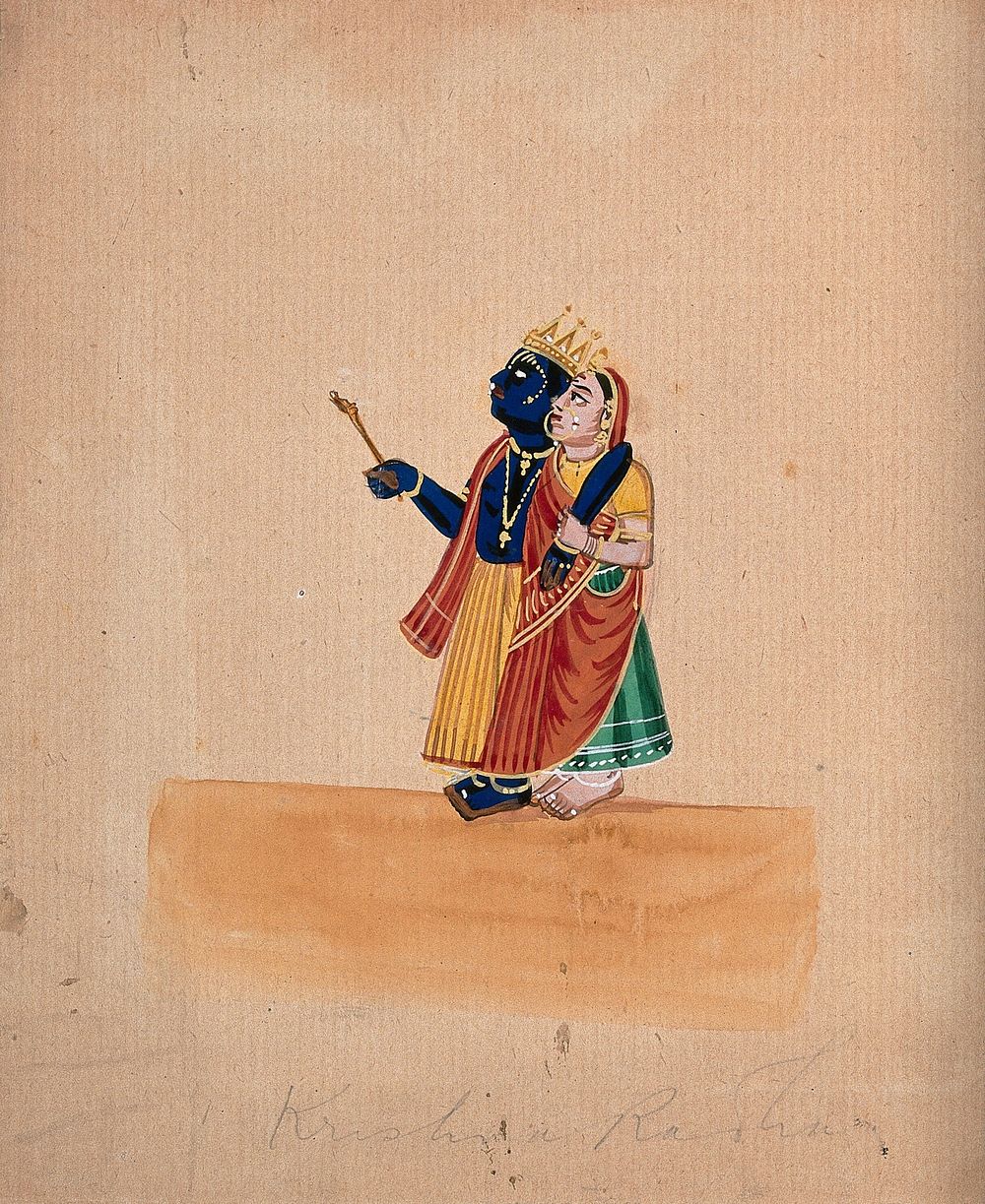 Krishna and Radha. Gouache drawing.