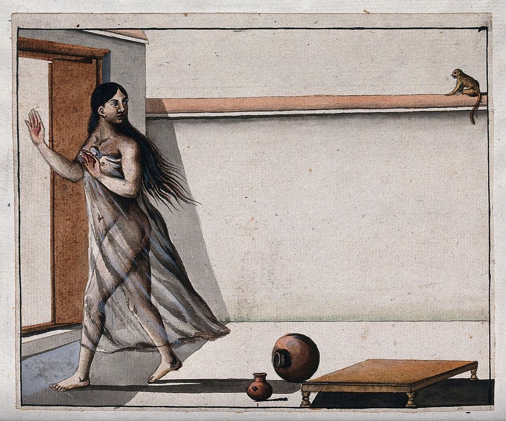 A woman interrupted in her bath, by the sight of a monkey. Gouache painting by an Indian artist.