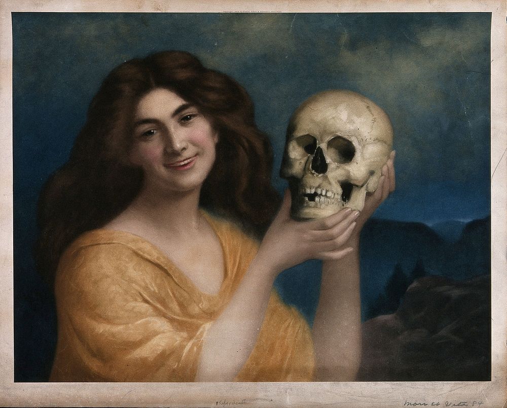 A young woman holding a skull in her hands; representing life and death. Colour lithograph.