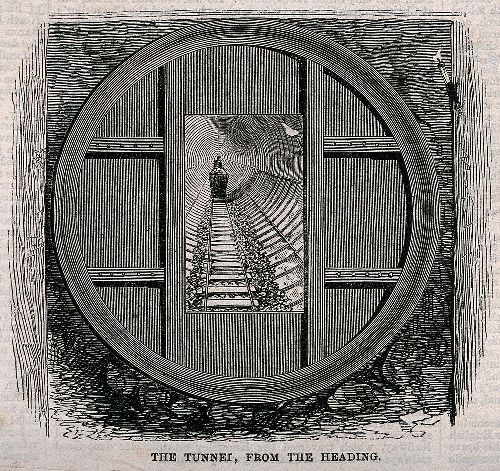 An underground tunnel with a truck on the track. Wood engraving, 1868.