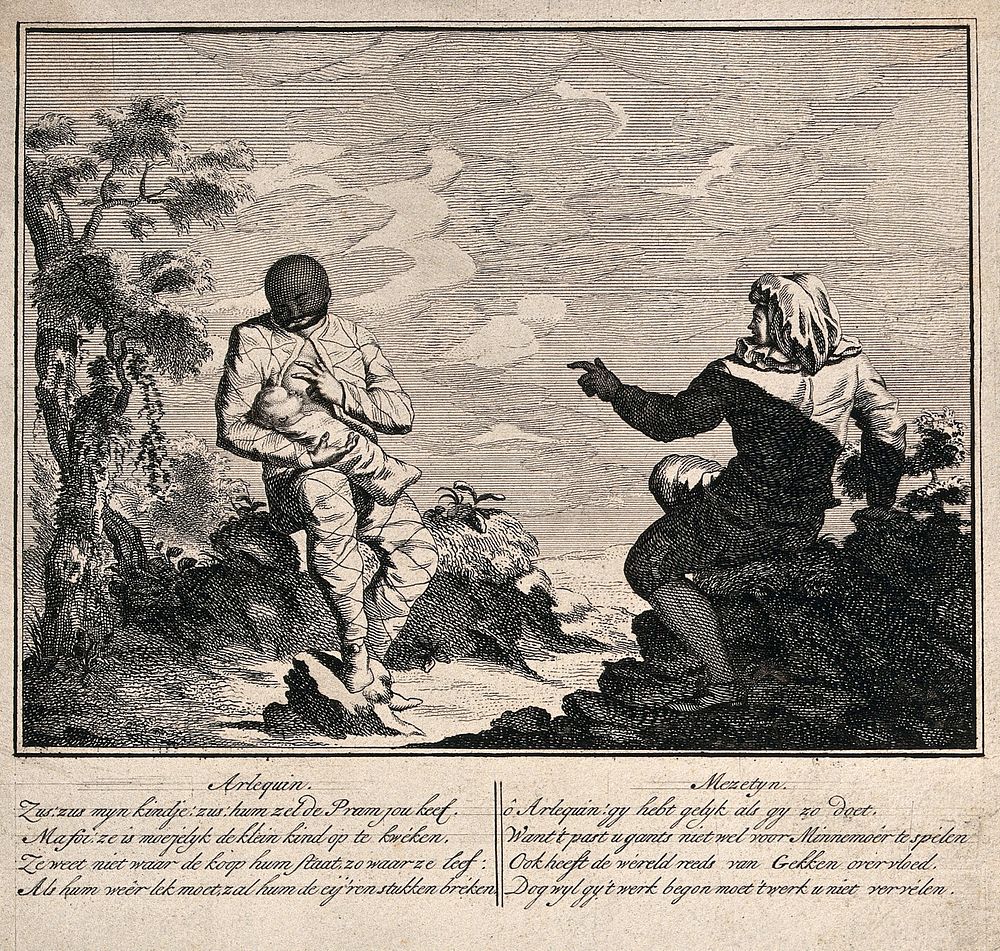 A scene from the childhood of the young Harlequin. Etching by G.J. Xavery.