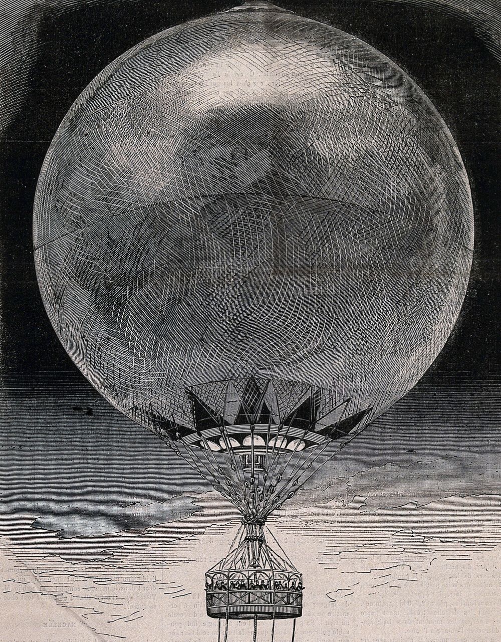 A large hot-air balloon with a basket carrying many people. Wood engraving.