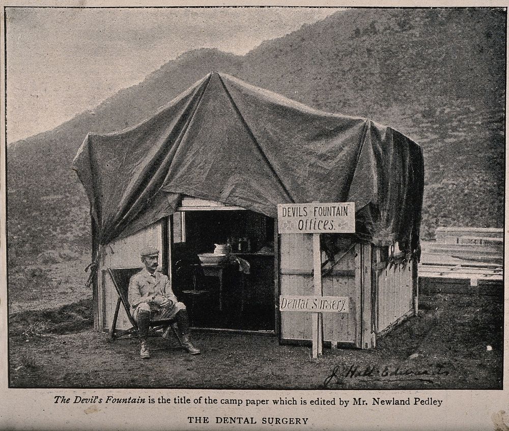 Boer War: a dentist outside his hut at a military hospital. Halftone, c.1900, after J. Hall-Edwards.