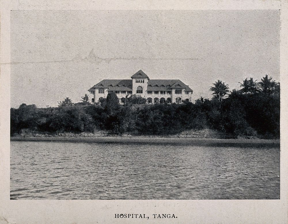 Hospital, Tanganyika, Tanzania: panoramic view from the lake. Process print.