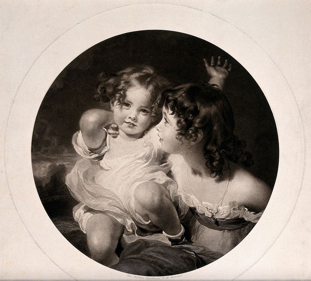 A girl with a younger child on her lap: Emily and Laura Calmady. Engraving after Sir T. Lawrence.