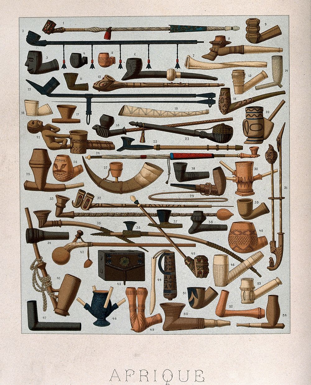 Fifty four different African pipes. Chromolithograph by Schmidt, c. 1863.