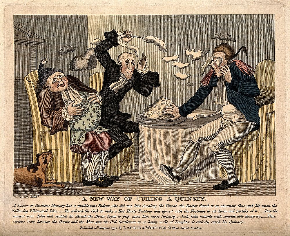 A doctor and footman hurling pudding at each other in an attempt to make the obese patient laugh in order to cure his…