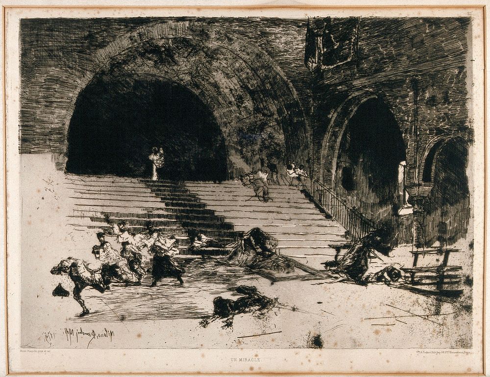 A miracle; the raising of the dead. Etching by M. Bianchi, 1894.