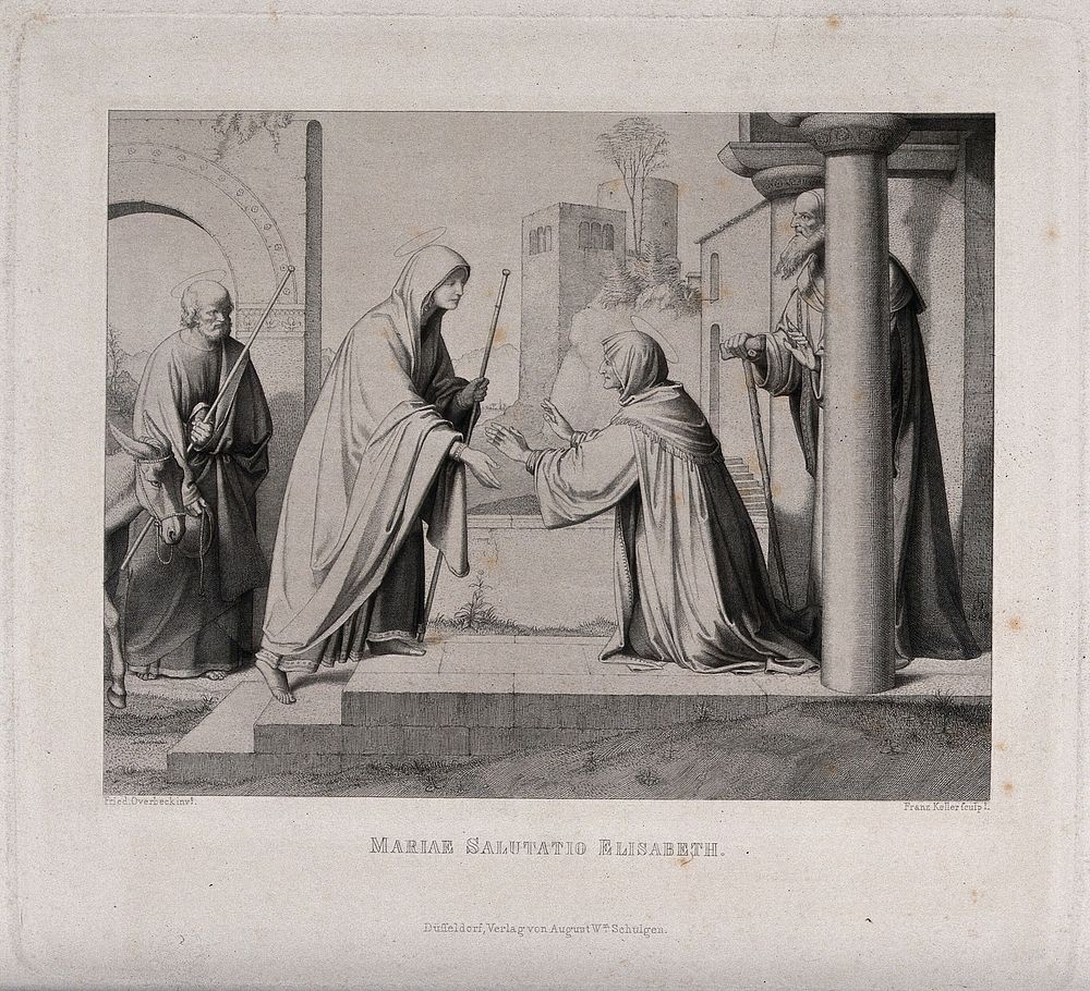Elizabeth kneels before Mary. Engraving by F. Keller after F. Overbeck.